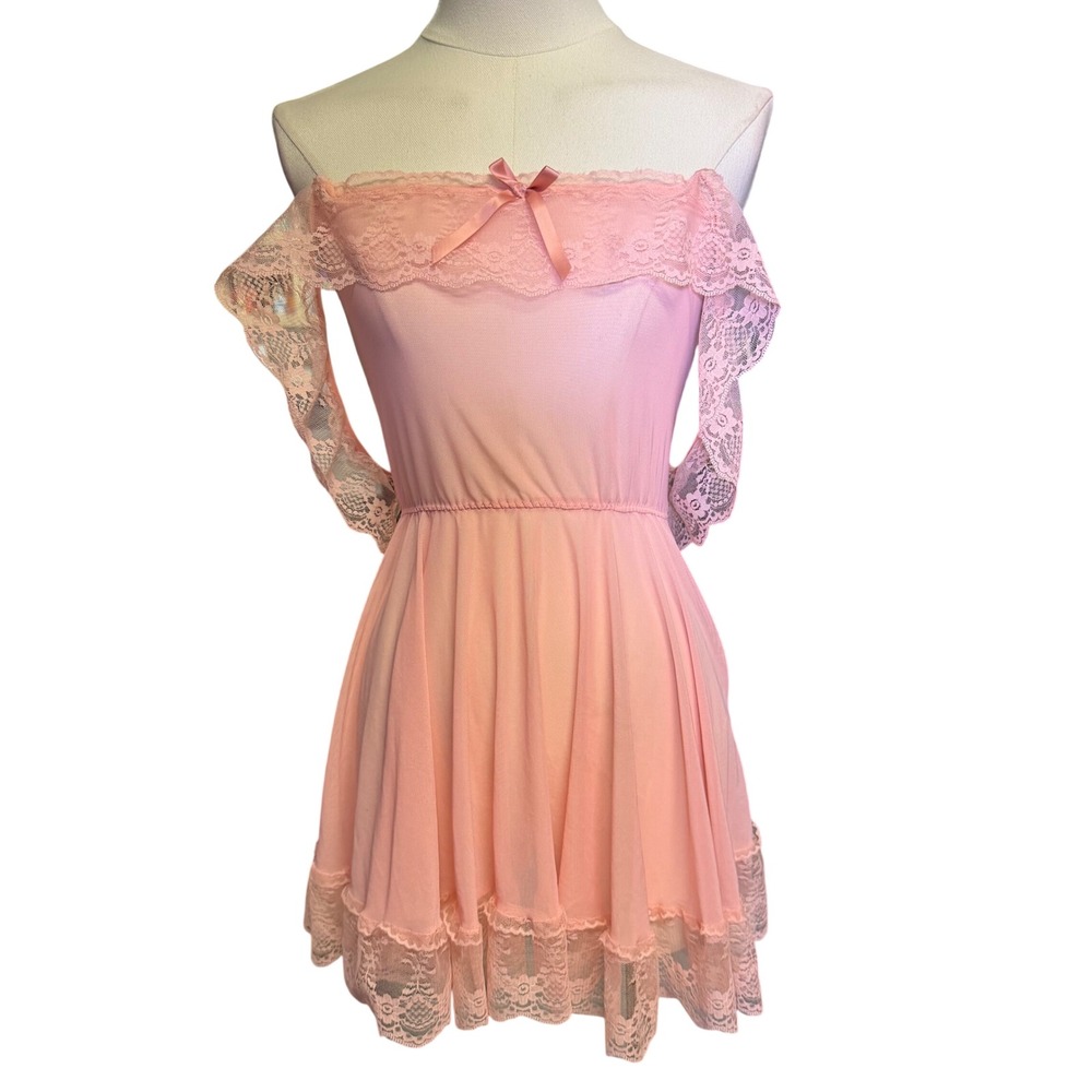 Unbranded Lace Mini Dress Womens XS Pink Good Coquette Fairycore Off Shoulder